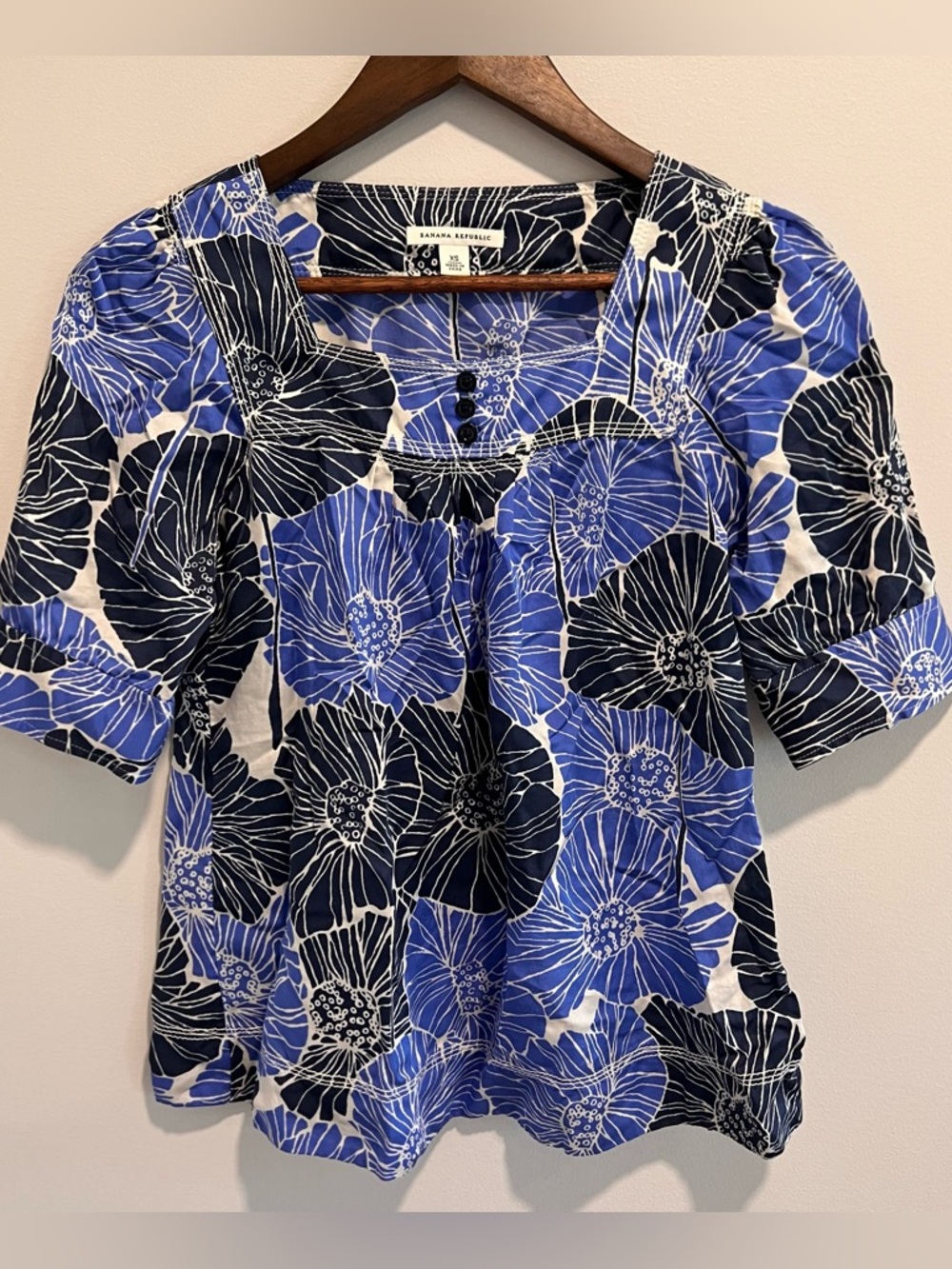 Banana Republic Blue and Black Floral Square-Neck Blouse
